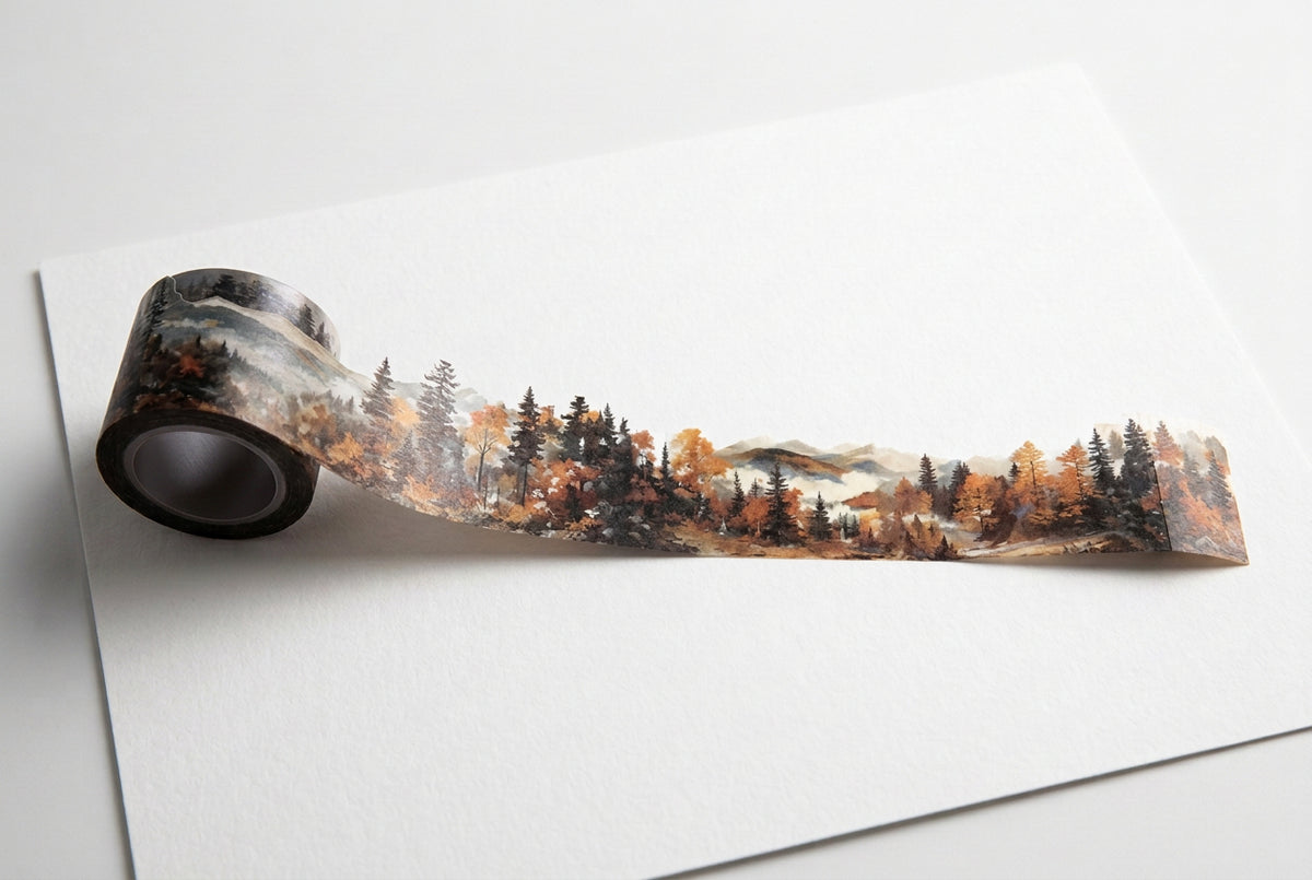 Washi tape paysage d’automne – Forêt et montagnes dans la brume