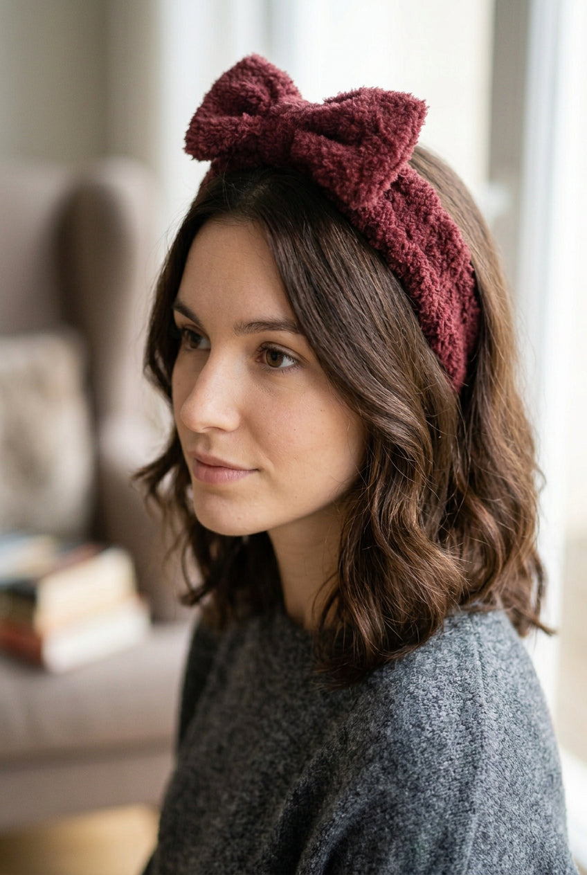 Bandeau skincare bordeaux – Bandeau cheveux en tissu bouclette avec gros nœud