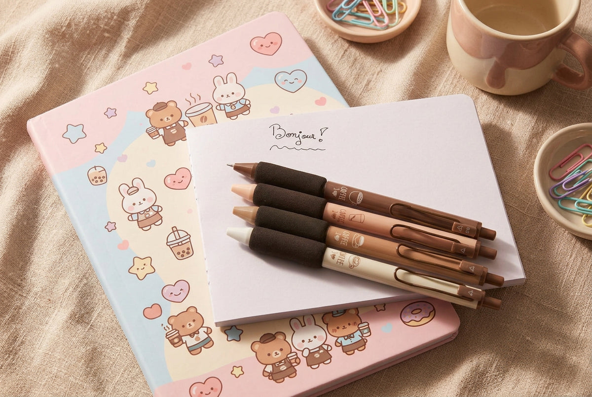 Lot de 4 stylos gel « Coffee » – Tons café, grip confort, pointe fine