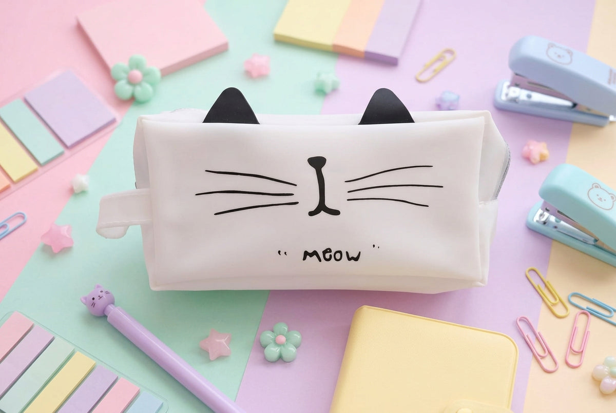 Trousse chat « Meow » blanche – Trousse kawaii avec oreilles et moustaches