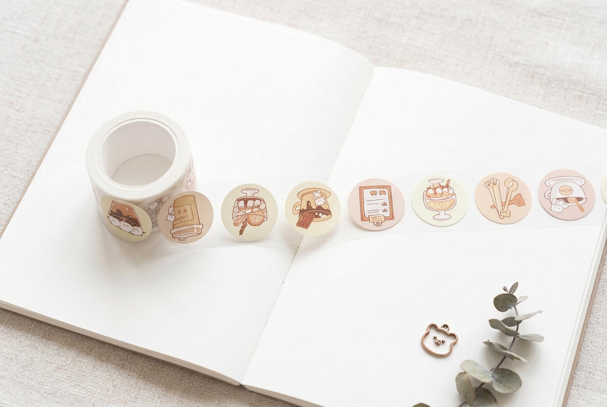 Washi tape « Thé de l’après-midi » – Ours gourmands, motifs ronds kawaii