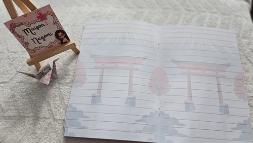 Carnet de notes japonais kawaii proche A5, 30 pages lignées, couverture grue origami, torii, Mont Fuji et érables, fait main, Maison Nagomi