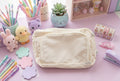 Pochette zippée crème – Trousse de rangement kawaii à double compartiment